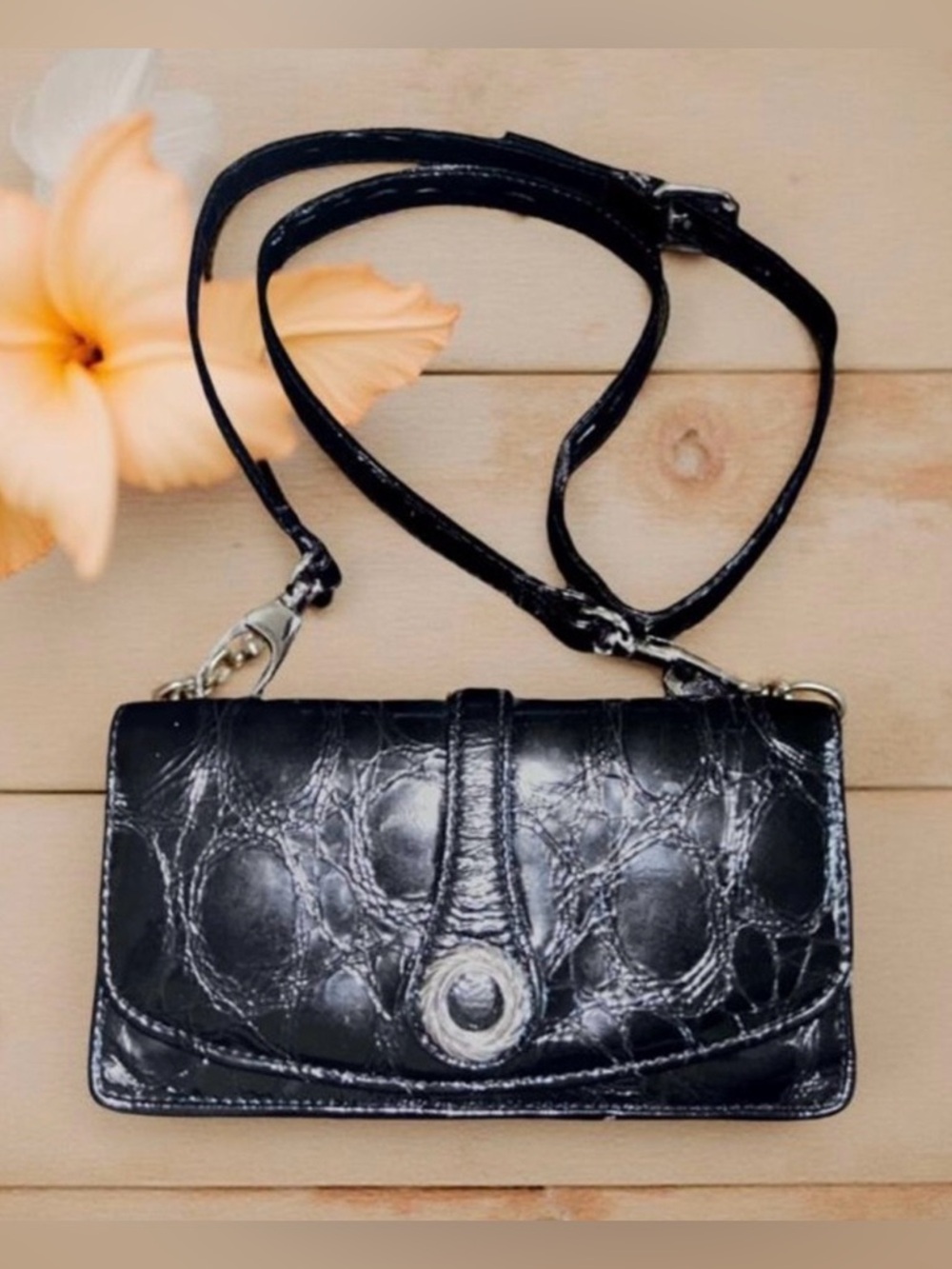 Brighton Organizer Wallet Purse With Strap Black Patent Leather Croco Embossed